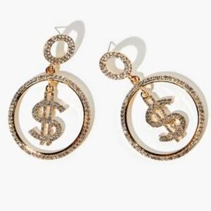 Gold Rhinestone Dollar Sign Dangle Earrings | NWT | Y2k Club Punk Street Wear